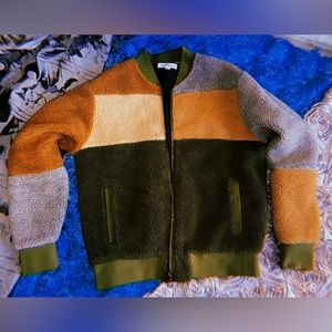 Color Block Teddy Style Bomber Jacket - Size M